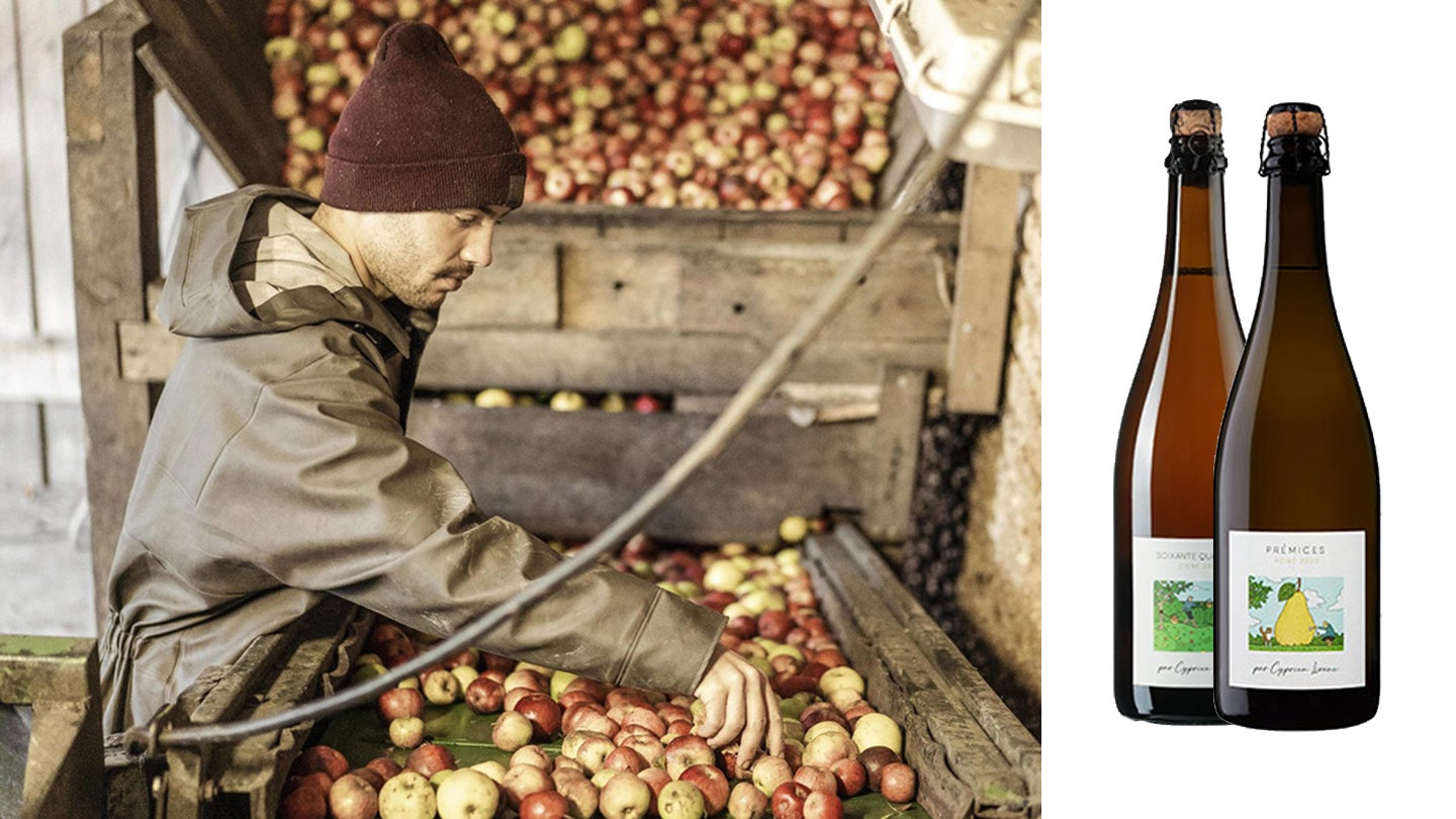 Cyprien Lireux working with apples alongside bottles of his Normandy cider and perry.